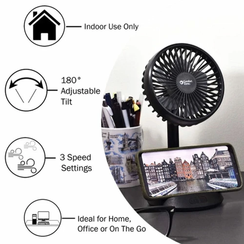 Buy ✨ Comfort Zone 4" Personal Rechargeable Fan with Wireless Phone Charger - CZPF401BK - Fans 🧨 5 Buy ✨ Comfort Zone 4" Personal Rechargeable Fan with Wireless Phone Charger - CZPF401BK - Fans 🧨 - Image 3